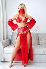 زي راقصة البطن الخيالية الحمراء ذات التفاصيل الذهبية المحجبة الليلية رقم 1086