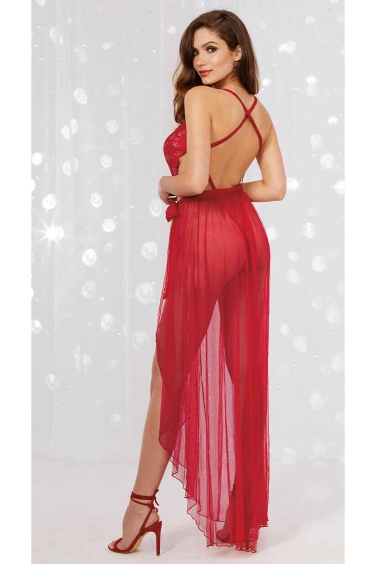 Kırmızı Dantel Mayokini Tül Etekli Gecelik NightLight 3195