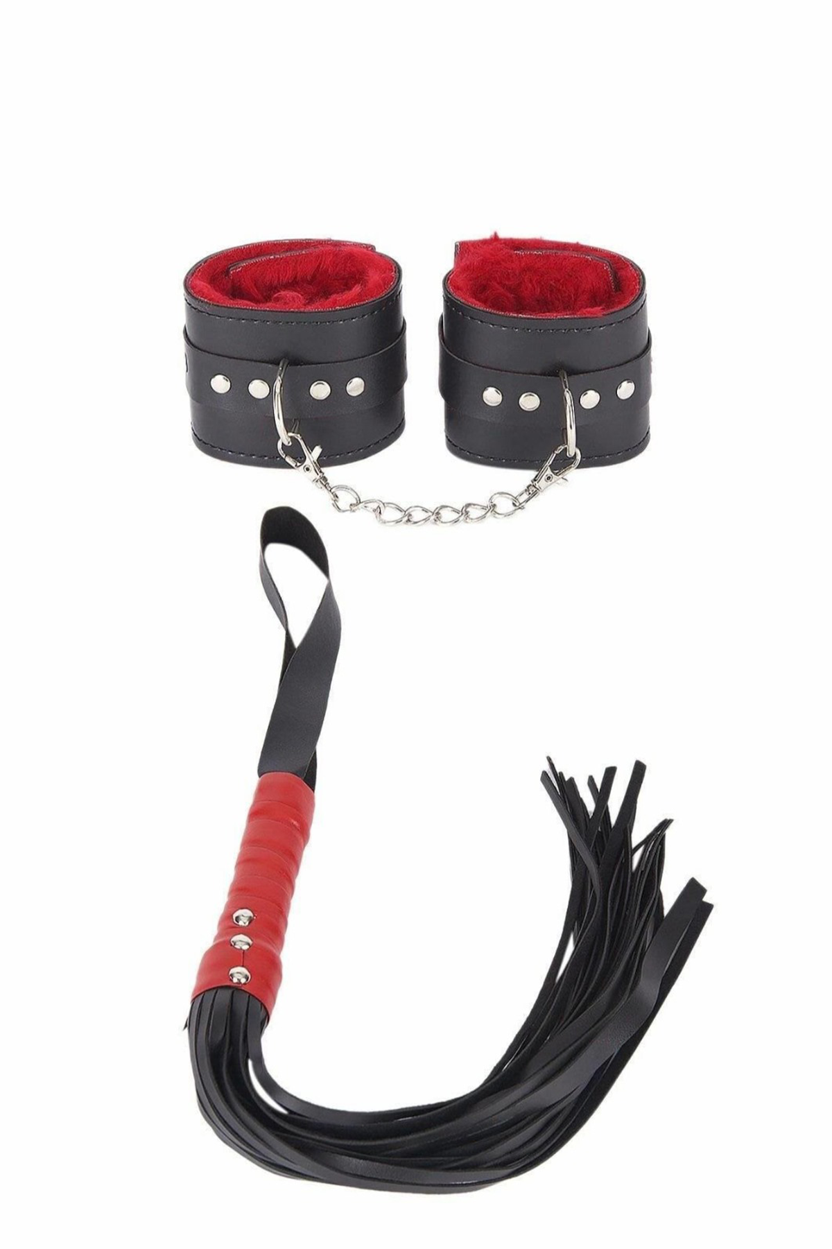 Black - Red Detailed Handcuff and Whip Set