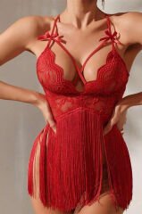 Black Lace Detailed Fantasy Tassel Nightgown Set Nightlight 3731