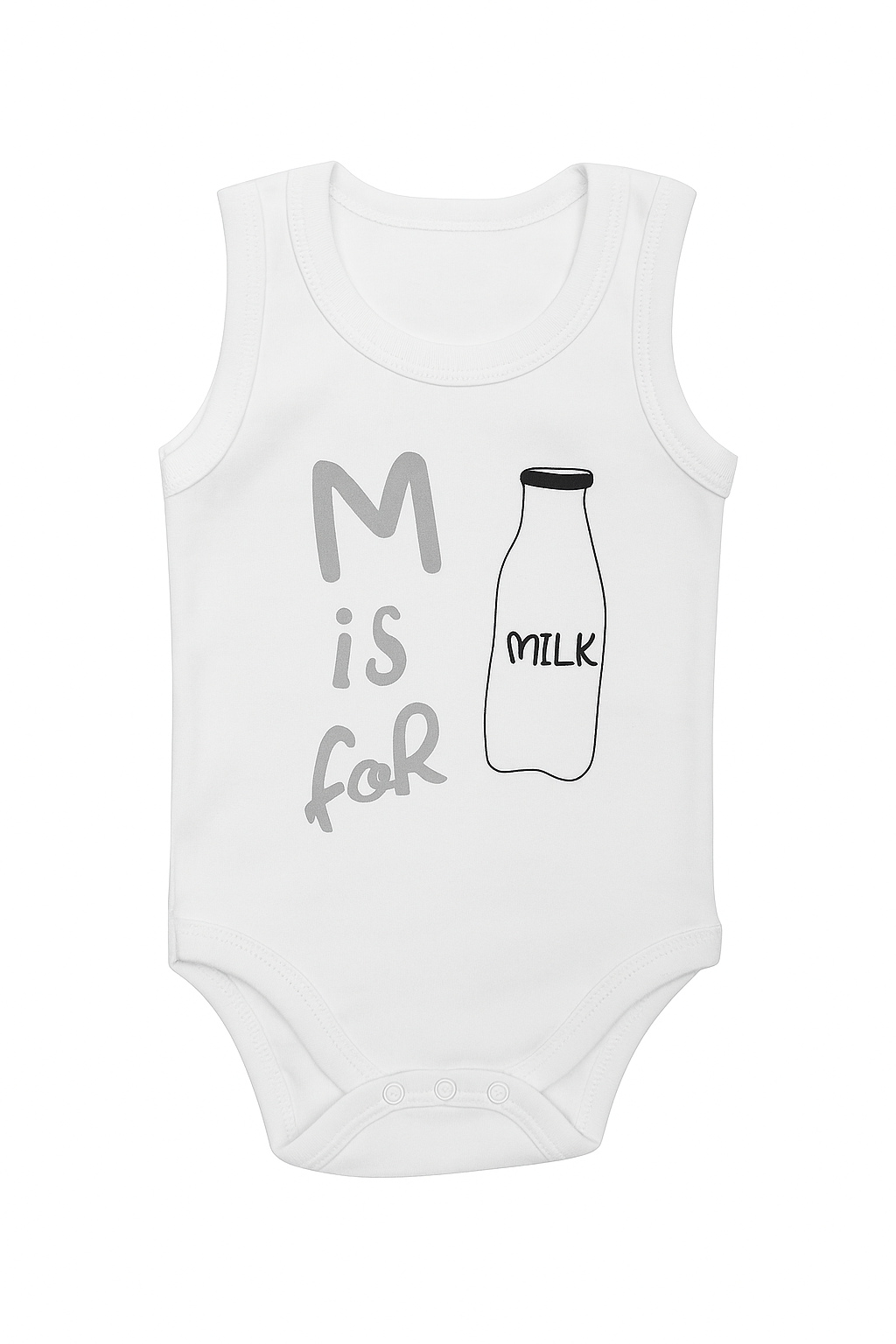 Beyaz “M is for Milk” Baskılı Kolsuz Bebek Body – Pamuklu Rahat Kumaş