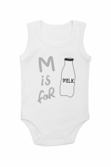 Beyaz “M is for Milk” Baskılı Kolsuz Bebek Body – Pamuklu Rahat Kumaş