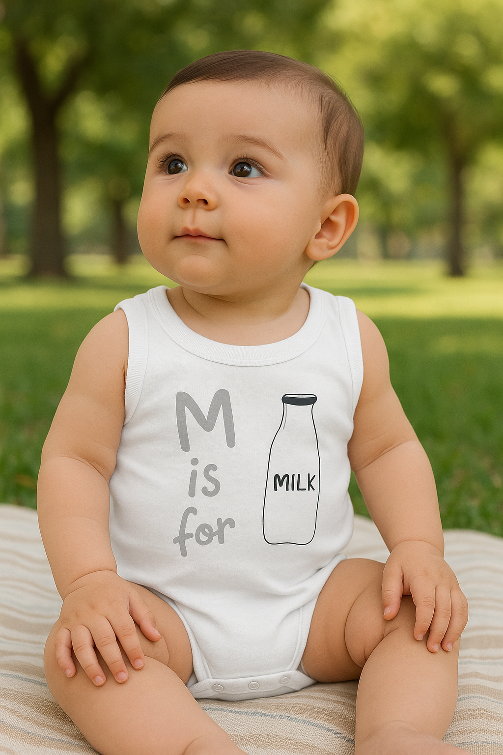 Beyaz “M is for Milk” Baskılı Kolsuz Bebek Body – Pamuklu Rahat Kumaş