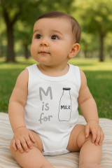 Beyaz “M is for Milk” Baskılı Kolsuz Bebek Body – Pamuklu Rahat Kumaş
