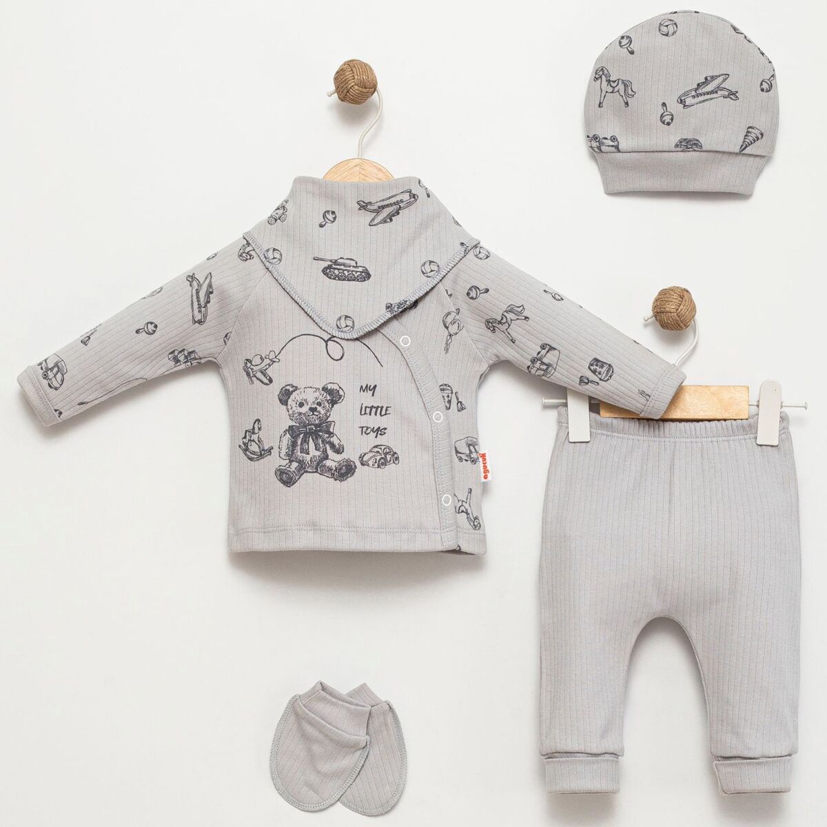 Erkek Bebek Gri Oyuncak Ayıcık Desenli 5’li Zıbın Takımı – %100 Pamuk ve Rahat Tasarım 10126
