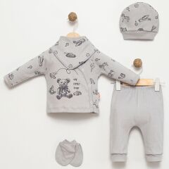 Erkek Bebek Gri Oyuncak Ayıcık Desenli 5’li Zıbın Takımı – %100 Pamuk ve Rahat Tasarım 10126