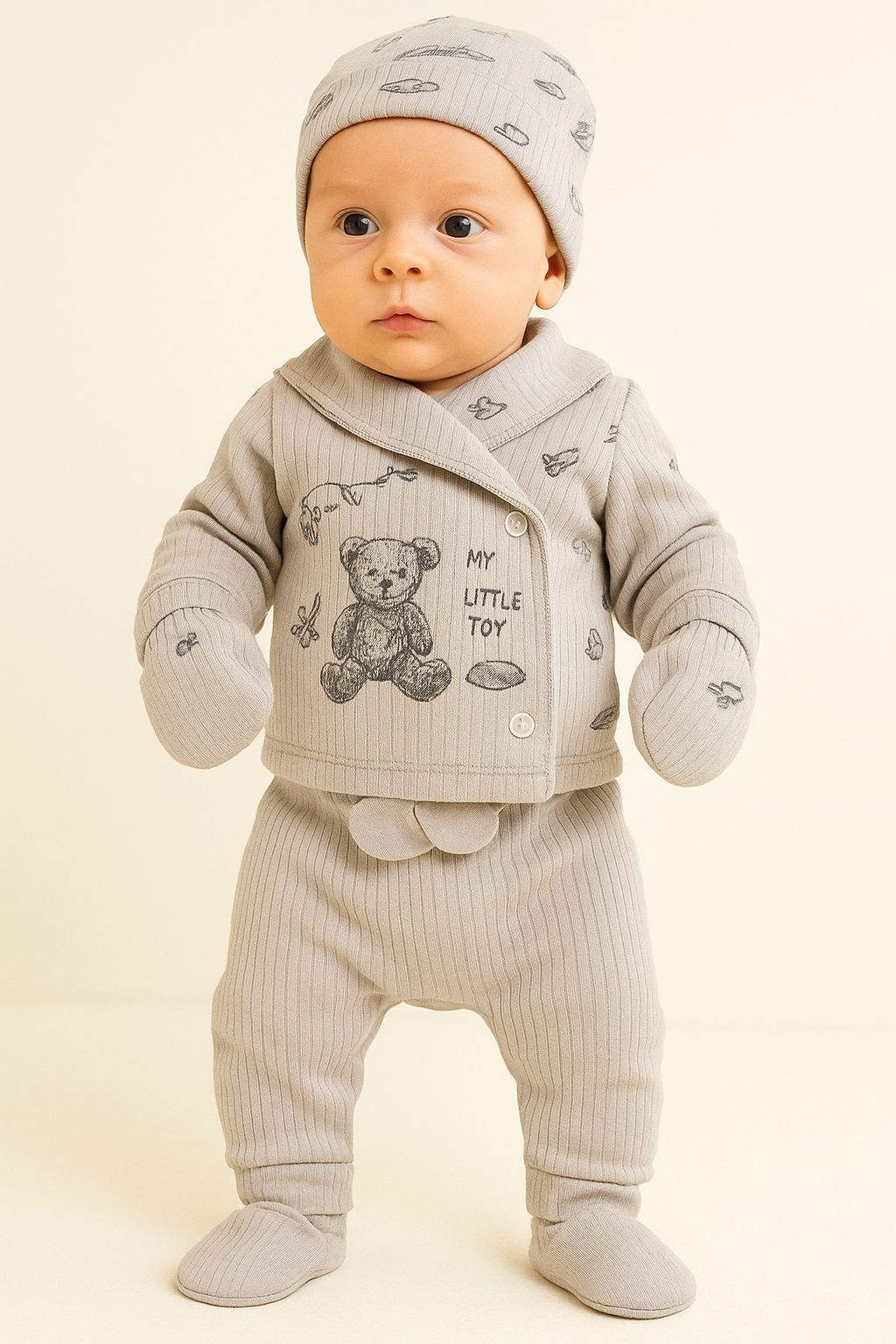 Erkek Bebek Gri Oyuncak Ayıcık Desenli 5’li Zıbın Takımı – %100 Pamuk ve Rahat Tasarım 10126