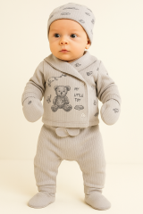 Erkek Bebek Gri Oyuncak Ayıcık Desenli 5’li Zıbın Takımı – %100 Pamuk ve Rahat Tasarım 10126
