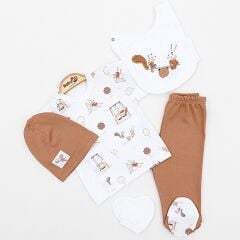 Erkek Bebek Kahverengi Sincap Desenli 5’li Zıbın Takımı – %100 Pamuk ve Rahat Tasarım 2257