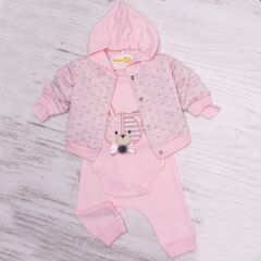 Kız Bebek Açık Pembe Ayıcık Nakışlı 3’lü Takım – Kapüşonlu, Pamuklu ve Rahat Tasarım 1546
