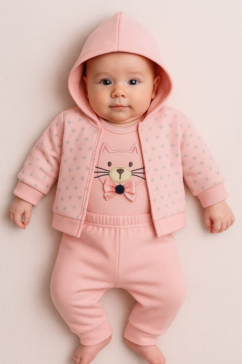 Kız Bebek Açık Pembe Ayıcık Nakışlı 3’lü Takım – Kapüşonlu, Pamuklu ve Rahat Tasarım 1546