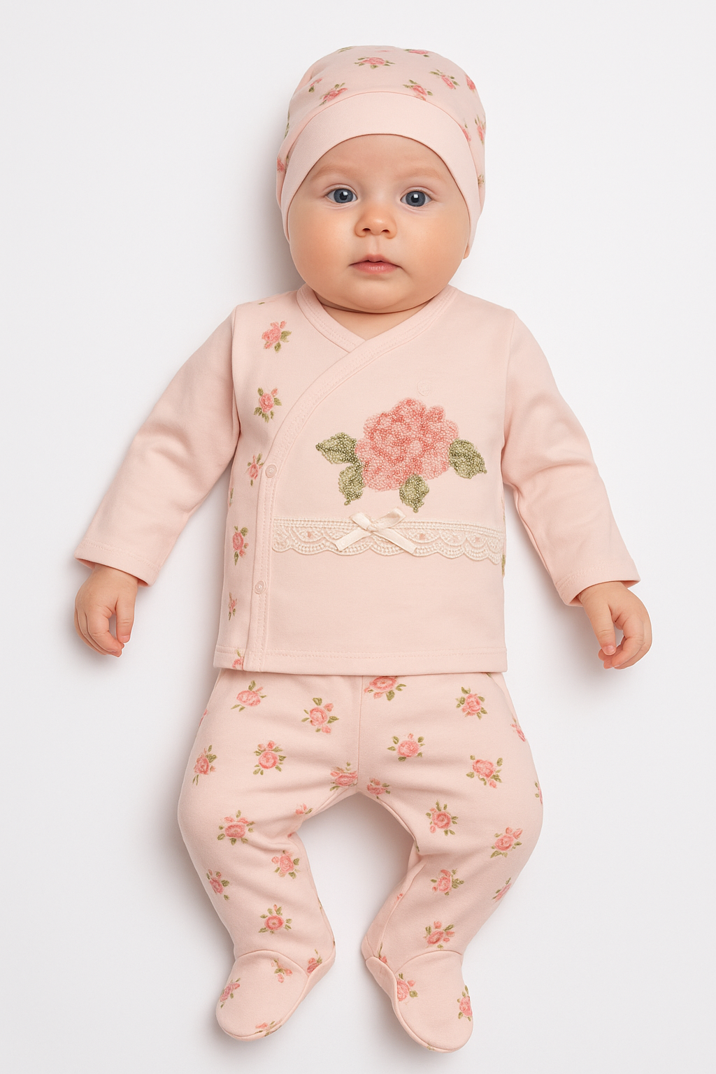 Kız Bebek Pudra Pembe Çiçek Desenli Dantelli 3’lü Takım – Zarif ve Yumuşacık Pamuk Kumaş 0883