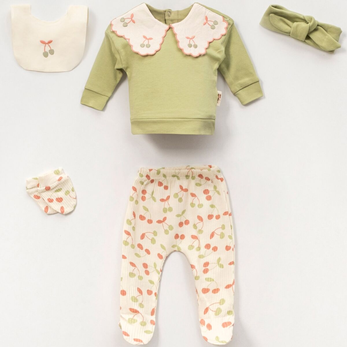 Kız Bebek Yeşil Kiraz Desenli Yaka Detaylı 5’li Set – Pamuklu ve Yumuşak Doku V52723