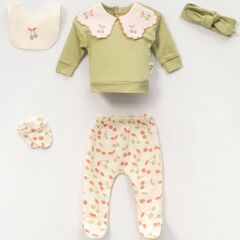 Kız Bebek Yeşil Kiraz Desenli Yaka Detaylı 5’li Set – Pamuklu ve Yumuşak Doku V52723
