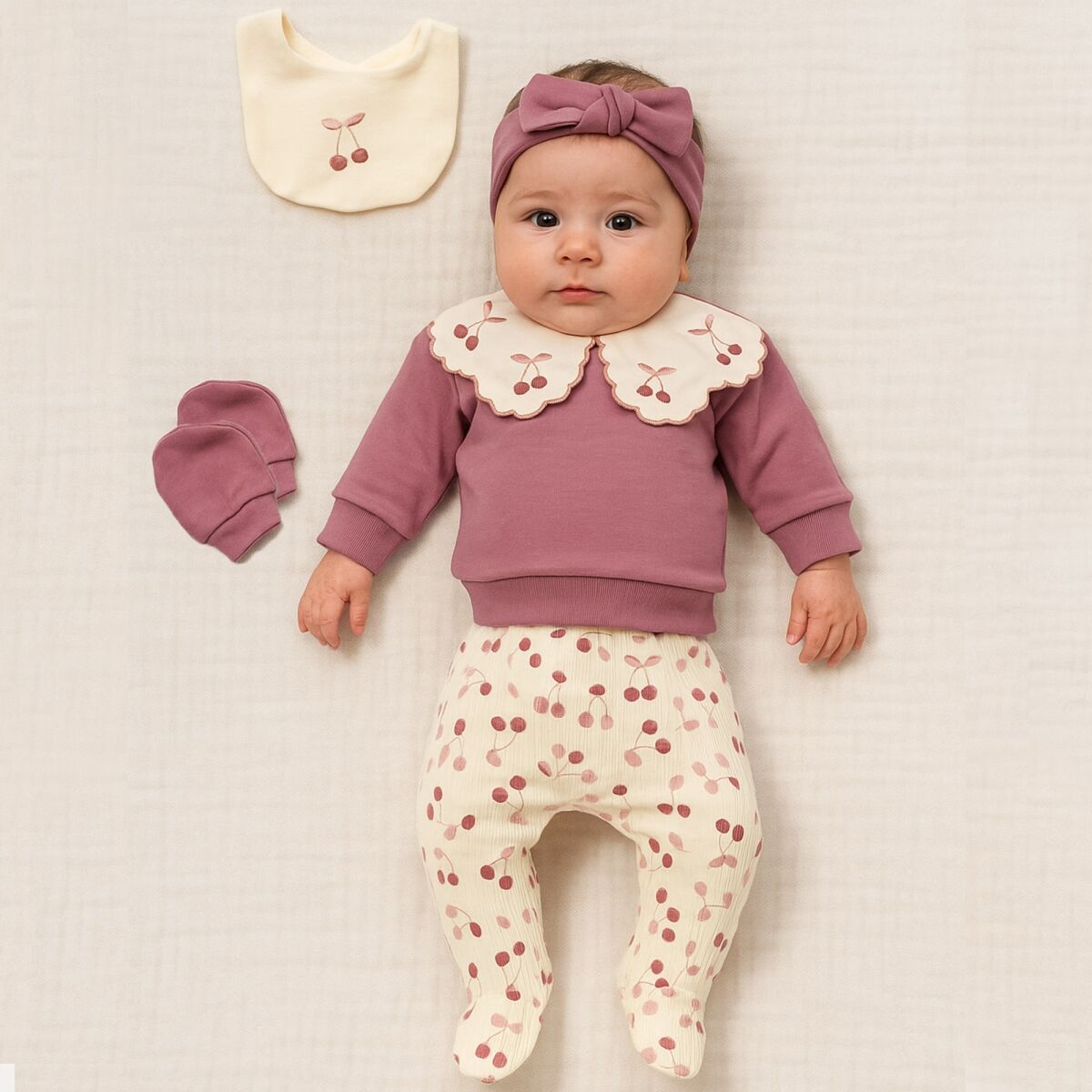 Kız Bebek Gül Kurusu Kiraz Desenli Yaka Detaylı 5’li Set – Pamuklu ve Konforlu Kumaş