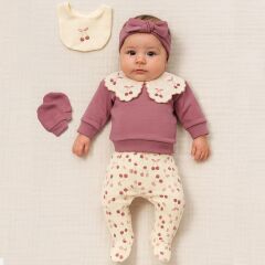 Kız Bebek Gül Kurusu Kiraz Desenli Yaka Detaylı 5’li Set – Pamuklu ve Konforlu Kumaş