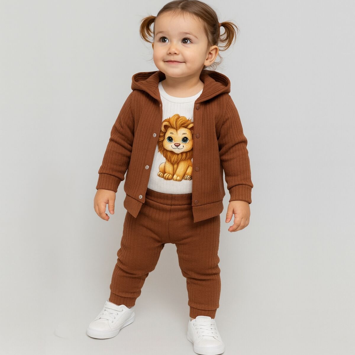 Unisex Kahverengi Aslan Baskılı 3’lü Bebek Takımı – Rahat ve Şık Günlük Kombin 3043