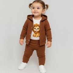 Unisex Kahverengi Aslan Baskılı 3’lü Bebek Takımı – Rahat ve Şık Günlük Kombin 3043
