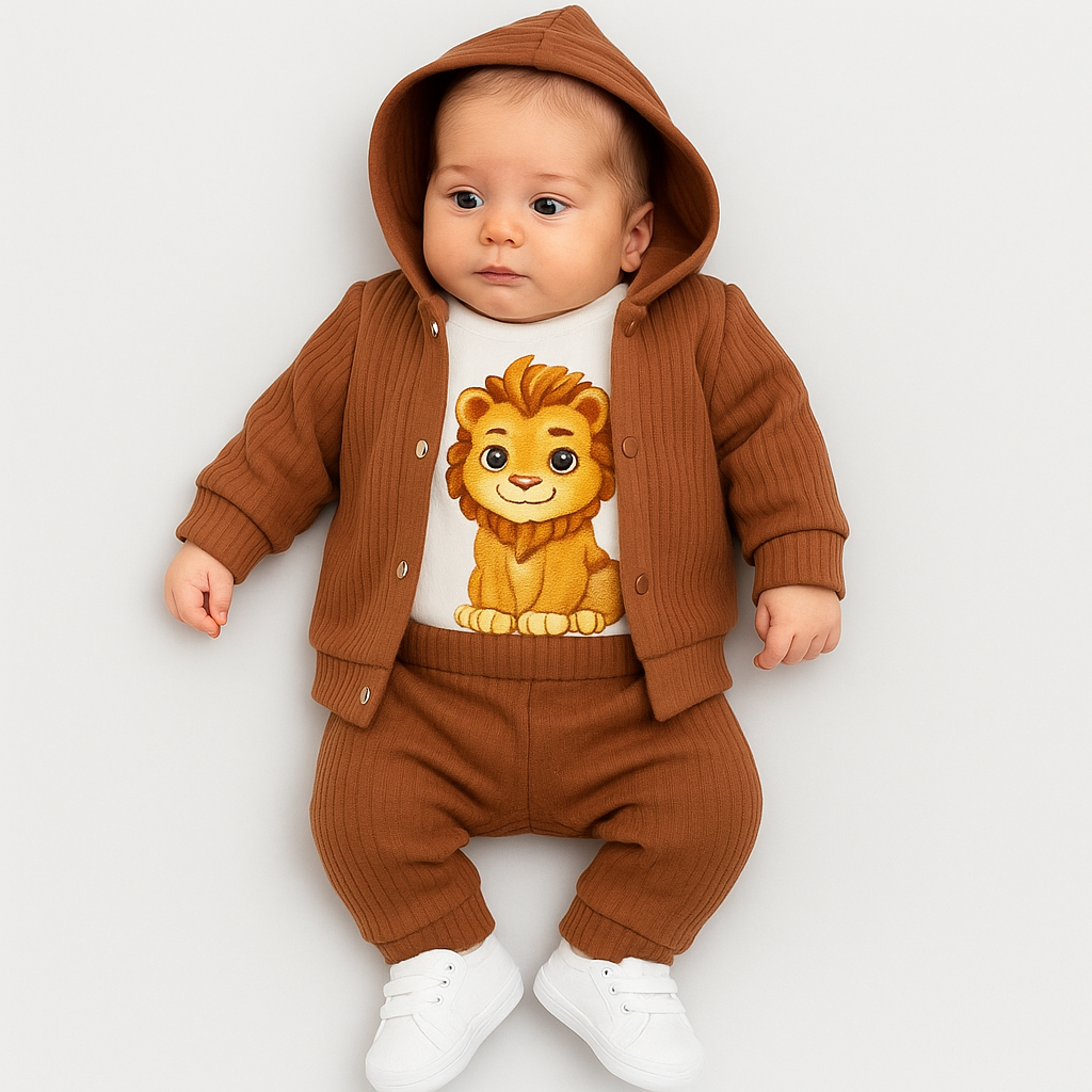 Unisex Kahverengi Aslan Baskılı 3’lü Bebek Takımı – Rahat ve Şık Günlük Kombin 3043