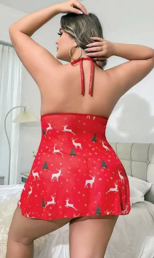 Kadın Büyük Beden Kırmızı Yılbaşı Temalı Dantel ve Tül Detaylı Gecelik – Fantezi İç Giyim 3697