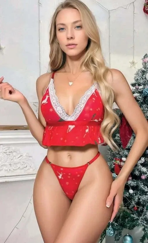 Kadın Kırmızı Noel Temalı Dantelli İç Giyim Takımı – Yılbaşı Koleksiyonu 3696