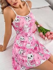 Kadın Pembe Kedi Desenli Askılı Gecelik – Sevimli ve Rahat Ev Giyim 3738