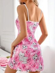 Kadın Pembe Kedi Desenli Askılı Gecelik – Sevimli ve Rahat Ev Giyim 3738