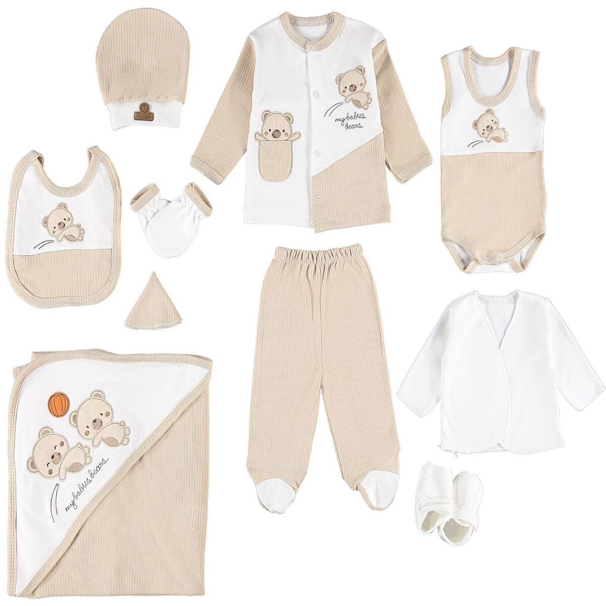 Cepli Mini Ayılar Desenli 10’lu Yenidoğan Bebek Zıbın Seti