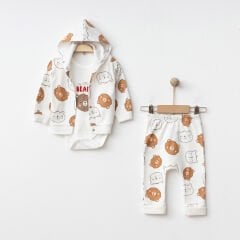 Ayı Desenli 3’lü Kapüşonlu Bebek Takım – Badi + Kapüşonlu Üst + Pantolon – 0-3 – 3-6 – 6-9 AY
