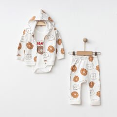 Ayı Desenli 3’lü Kapüşonlu Bebek Takım – Badi + Kapüşonlu Üst + Pantolon – 0-3 – 3-6 – 6-9 AY
