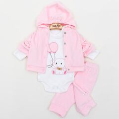 Kadife Kapüşonlu Fil İşlemeli 3’lü Kız Bebek Takımı – Badi + Kapüşonlu Üst + Patikli Alt – 0-3 – 3-6 – 6-9 –  Ay