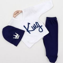King Baskılı 3’lü Erkek Bebek Zıbın Takımı – Üst + Patikli Alt + Şapka – 03 Ay
