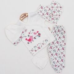 Kuş İşlemeli Çiçek Desenli 5’li Kız Bebek Hastane Çıkışı Seti – 3-3 Ay
