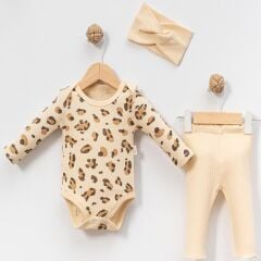 Leopar Desenli Bandanalı 3’lü Kız Bebek Takımı – Badi + Tayt + Saç Bandı – 3-6-912 Ay
