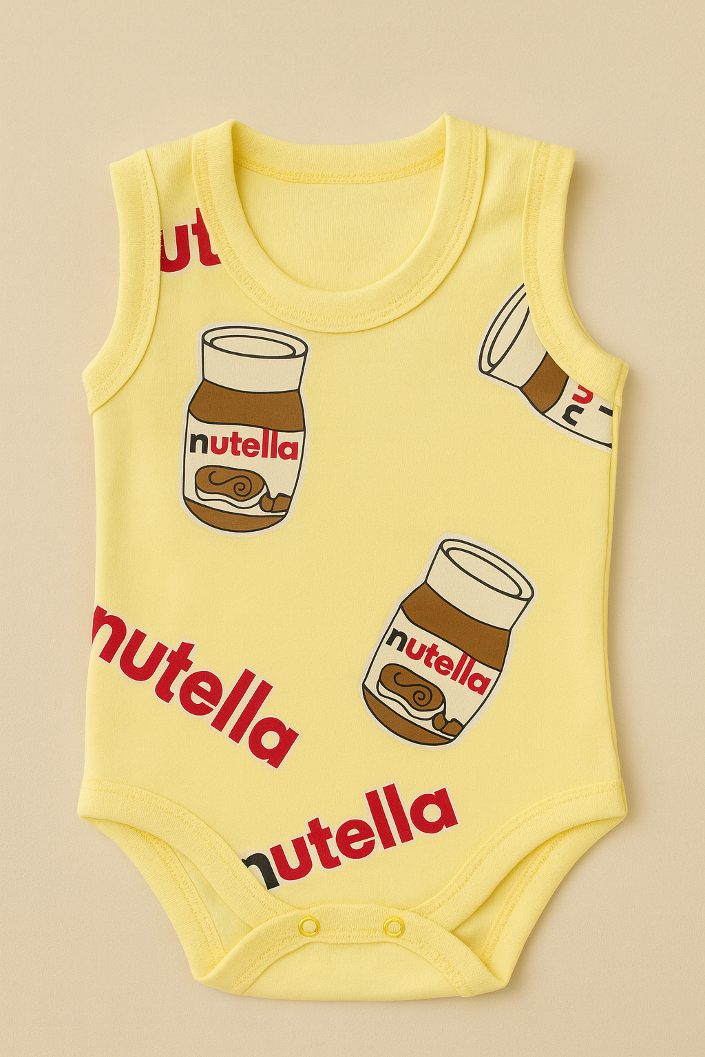 Nutella Baskılı Kolsuz Sarı Badi – Yenidoğan & Bebek Kısa Tulum  Yumuşak Pamuk Kumaş0-3/3-6/6-9/9-12 AY