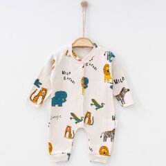 Safari Desenli Yumuşak Uzun Kollu Bebek Tulum – 0-3 Ay – 3-6 Ay – 6-9 Ay