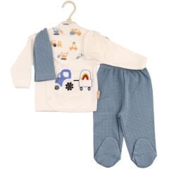 Traktör İşlemeli 3’lü Erkek Bebek Zıbın Takımı – Üst + Patikli Alt + Omuz Bezi – 03 Ay