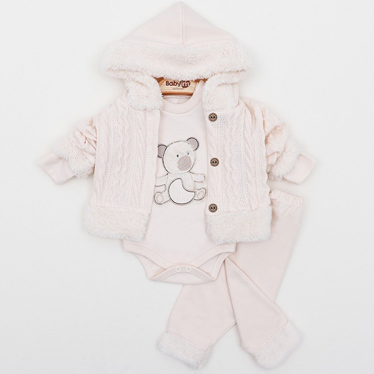 Triko Kapüşonlu Kürk Detaylı 3’lü Bebek Takım – Badi  + Patikli Alt – 0-3 – 3-6 – 6-9