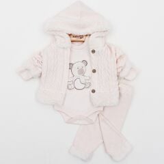 Triko Kapüşonlu Kürk Detaylı 3’lü Bebek Takım – Badi  + Patikli Alt – 0-3 – 3-6 – 6-9