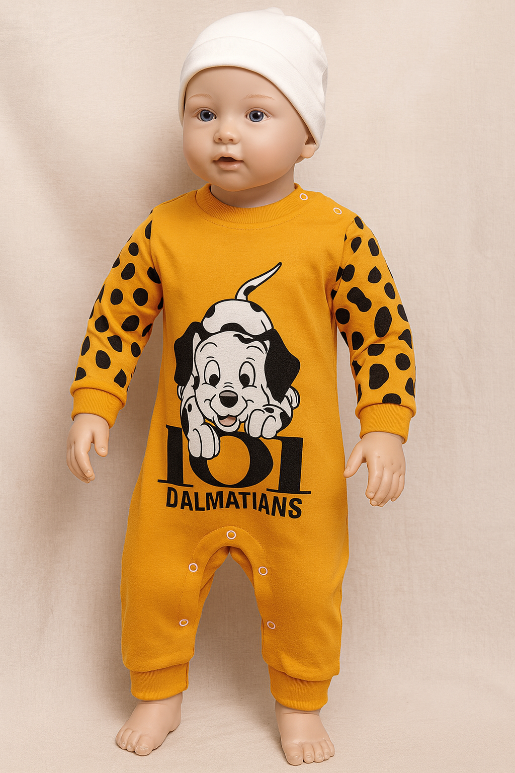 Turuncu Benekli Kol Detaylı Köpek Baskılı Bebek Tulum 0-3 AY 3-6 AY 6-9 AY