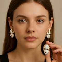 Maskeli Yüz Tasarım Küpe – Sanatsal Detaylı, Gold Renk Özel Model, Şık & Sıradışı Kadın Küpe