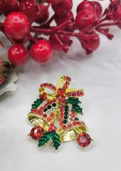 Taşlı Yılbaşı Çan Broş – Kırmızı & Altın Renk Işıltılı Noel Broşu