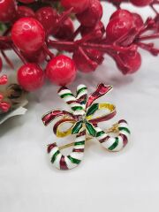 Yılbaşı Şeker Kamışı Broş – Renkli Enamel Gold Noel Broşu