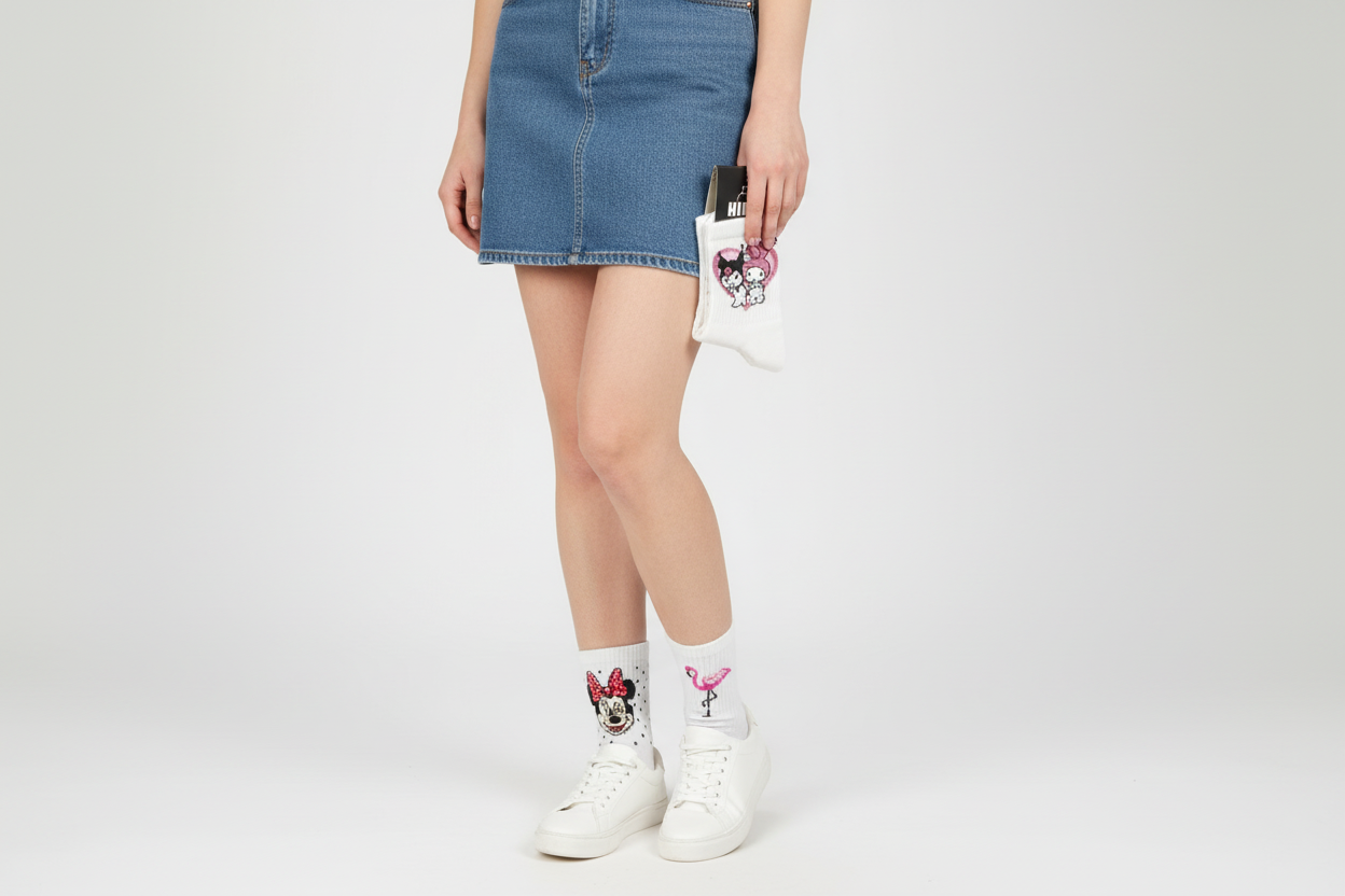 3’lü Beyaz Desenli Kadın Soket Çorap Seti Flamingo ve Sevimli Figürlü  Çorap 36-40