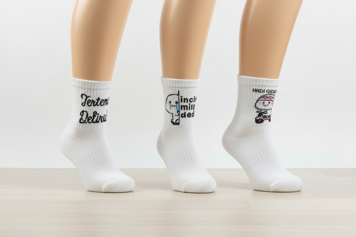 3’lü Unisex Yazılı Çorap Seti Beyaz Soket Çorap 36-40