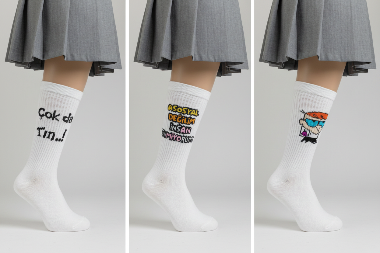 3’lü Unisex Yazılı Çorap Seti Beyaz Soket Çorap Komik Desenli One Size 36-40 numara ile uyumludur