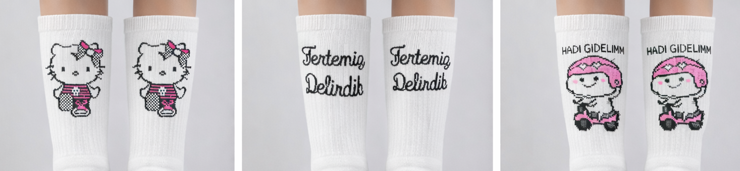 3’lü Unisex Yazılı ve Figürlü Soket Çorap Seti Beyaz  Günlük Çorap