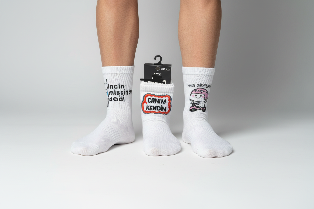 3’lü Yazılı Desenli Unisex Soket Çorap Seti Eğlenceli Mesajlı Beyaz Çorap
