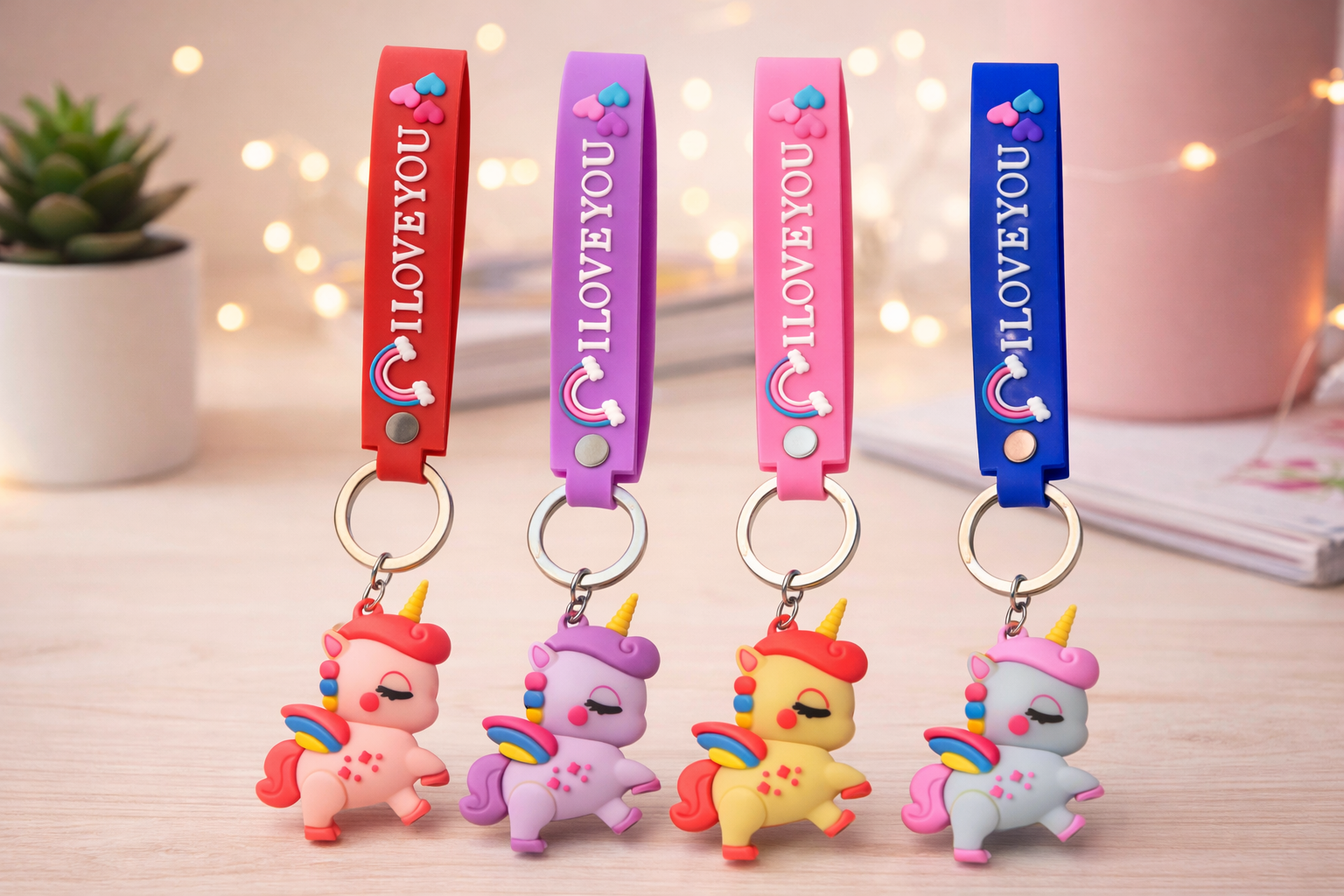 LOVE YOU Yazılı Unicorn Figürlü Askılı Anahtarlık – Renkli Silikon Kayışlı Çanta ve Anahtarlık Süsü