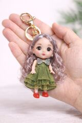 Taşlı Kurdele Detaylı Kız Bebek Anahtarlık – Uzun Saçlı Mini Bebek Figürlü Çanta Süsü Anahtarlık